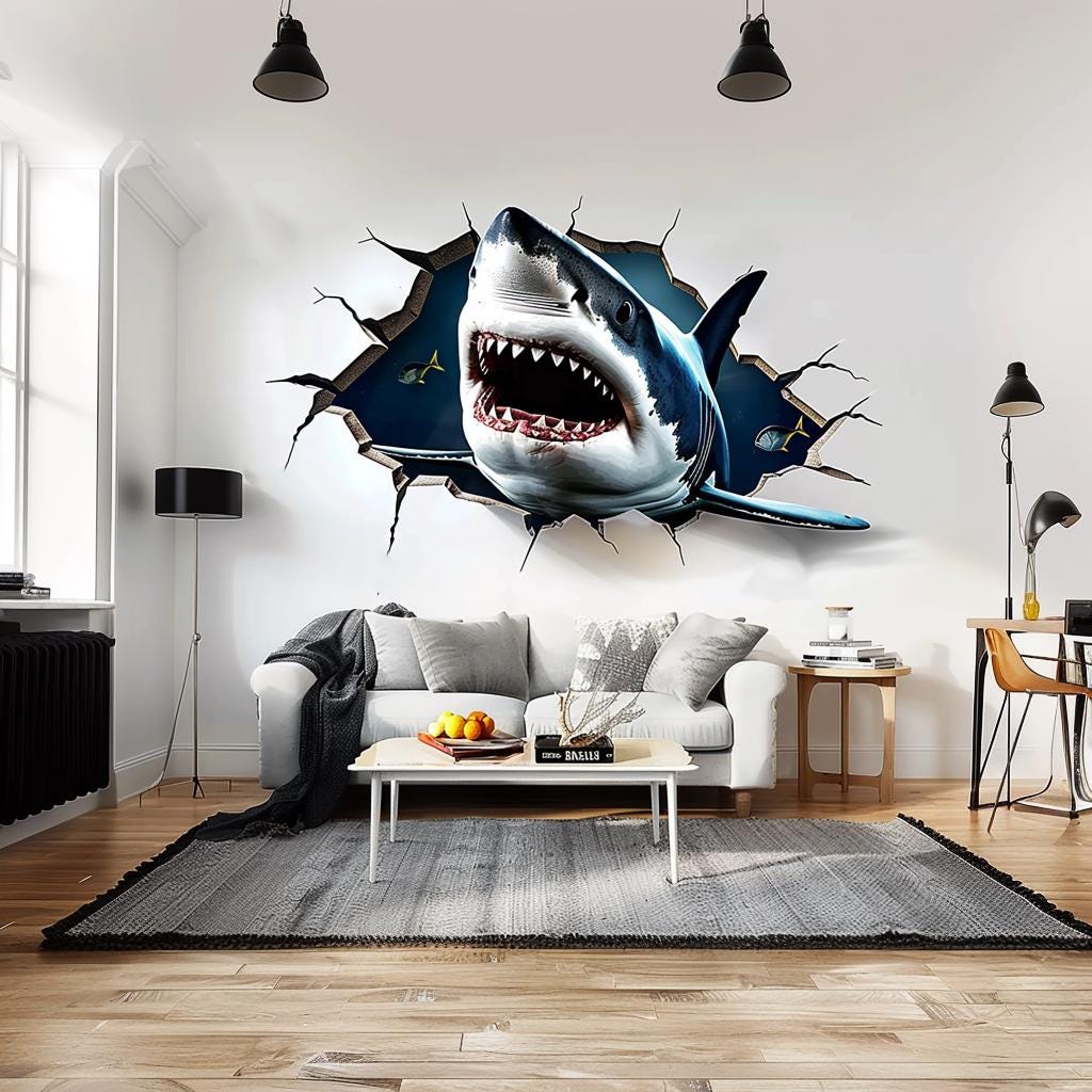 Product gallery view of 3D Great White Shark Wall Sticker.