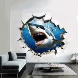 Open-jaw white shark wall decal with a cracked-wall illusion, Design 4