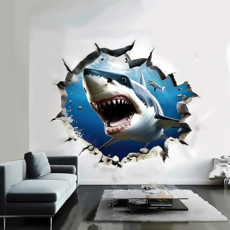 Open-jaw white shark wall decal with a cracked-wall illusion, Design 4