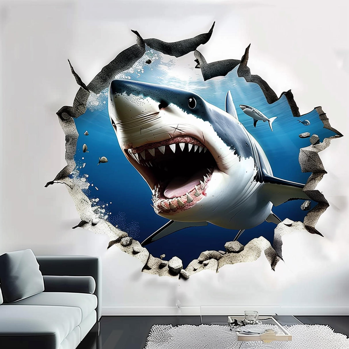3D Realistic White Shark Wall Decal displayed in a room setting.