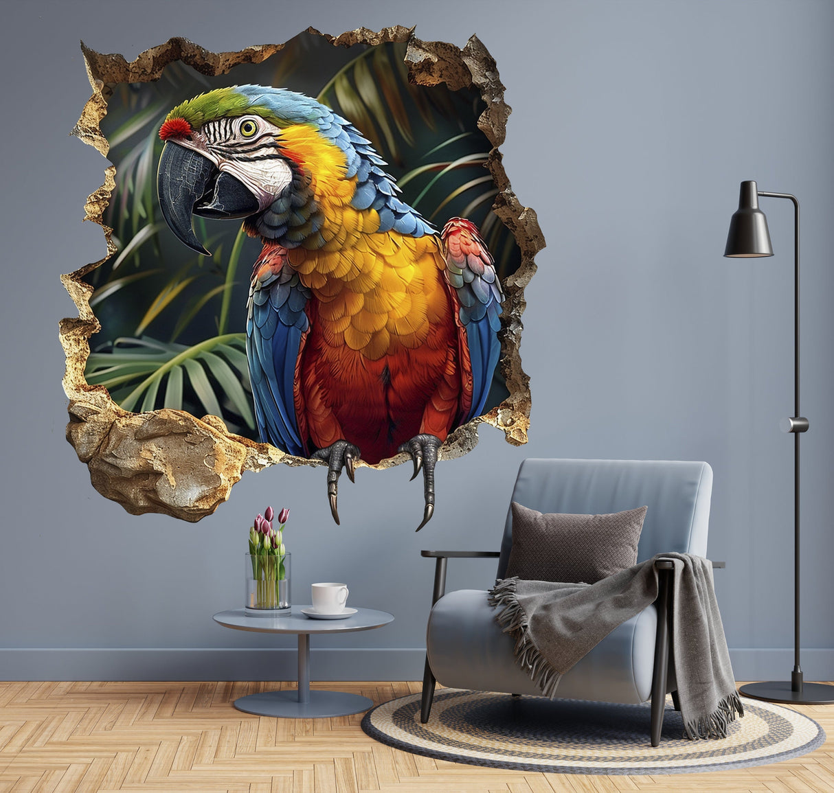 Alternate product view of Vibrant 3D Macaw Parrot Wall Decal.