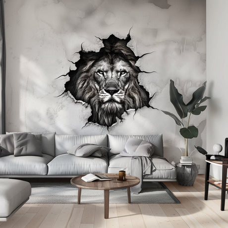 Monochrome lion head wall decal with a realistic printed depth effect