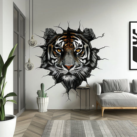 Tiger head wall decal breaking through a jagged wall opening
