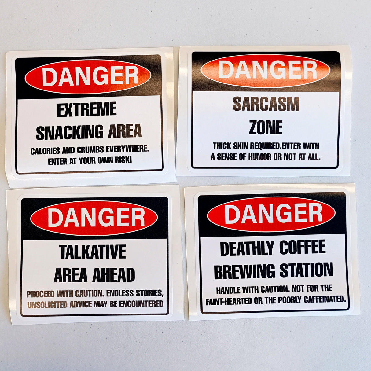 Product view of Humorous Danger Warning Label Decals.