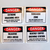 Product view of Humorous Danger Warning Label Decals.