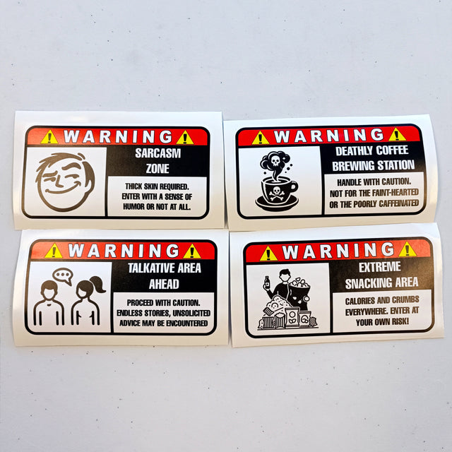 Product view of Funny Warning Label Stickers Set.