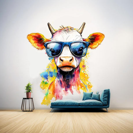 Baby Cow with Sunglasses Wall Decal displayed in a room setting.