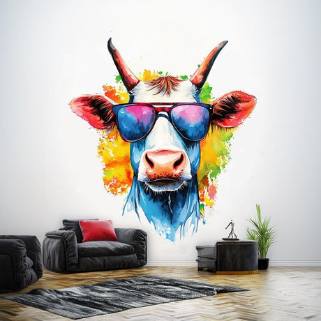 Cool Cow with Sunglasses Wall Decal displayed in a room setting.