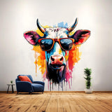 Trendy Cow with Sunglasses Wall Decal displayed in a room setting.