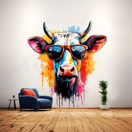 Trendy Cow with Sunglasses Wall Decal displayed in a room setting.