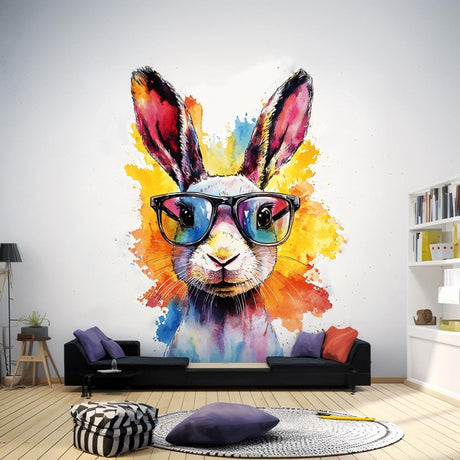 Vibrant Rabbit with Sunglasses Wall Decal displayed in a room setting.