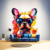 Adorable Baby French Bulldog Wall Decal with Sunglasses displayed in a room setting.