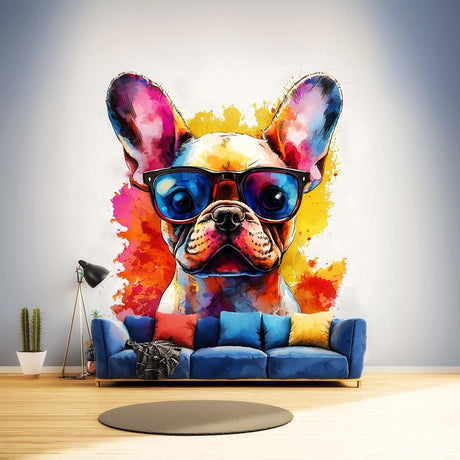 Adorable Baby French Bulldog Wall Decal with Sunglasses displayed in a room setting.