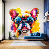 Vibrant Baby French Bulldog Wall Decal with Colorful Sunglasses displayed in a room setting.