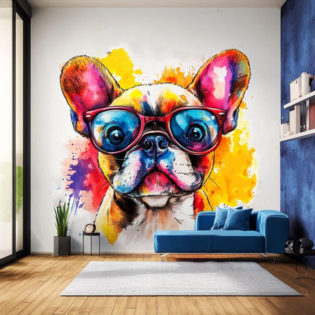 Vibrant Baby French Bulldog Wall Decal with Colorful Sunglasses displayed in a room setting.