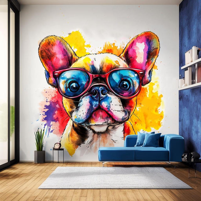 Vibrant Baby French Bulldog Wall Decal with Colorful Sunglasses displayed in a room setting.