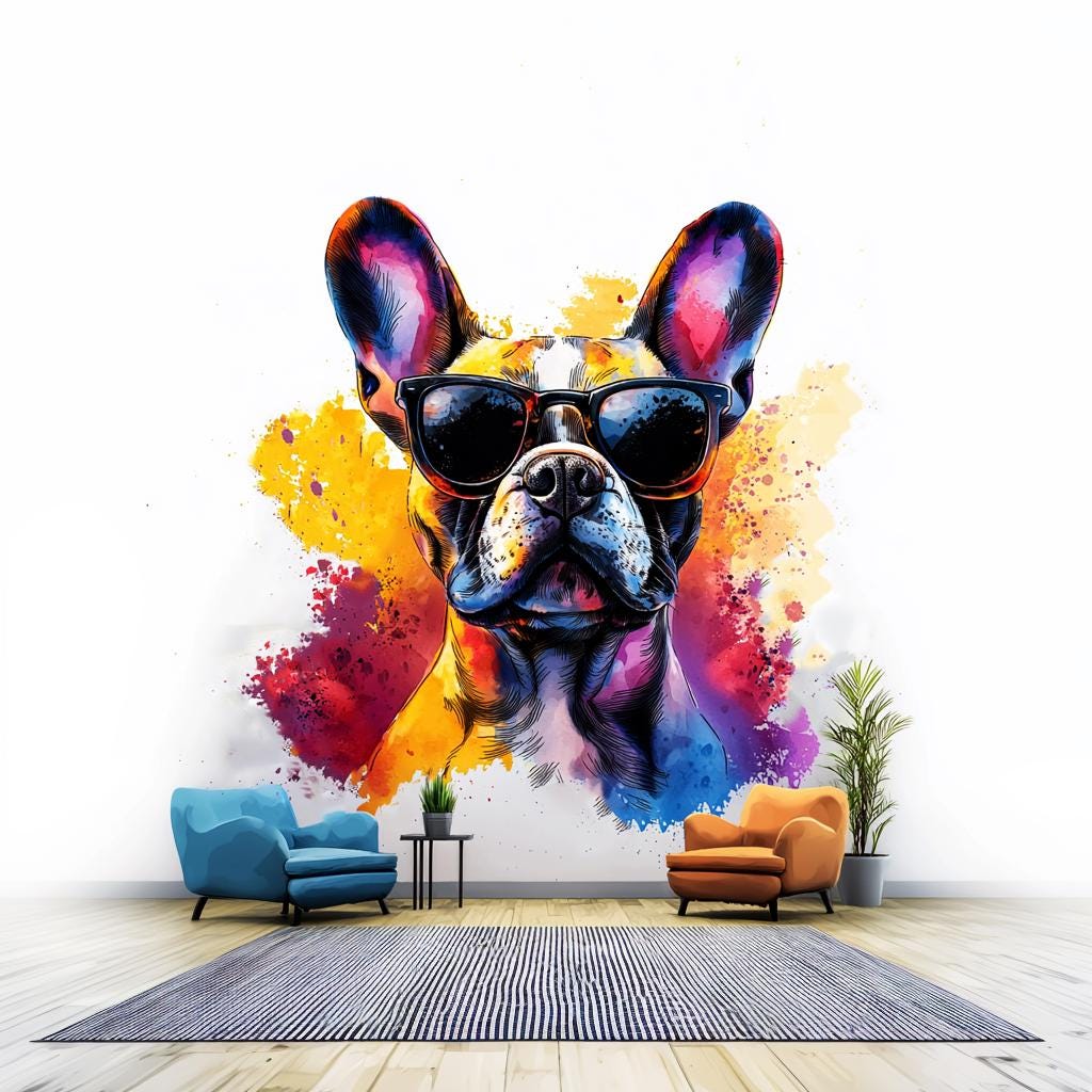 Chic French Bulldog Wall Decal with Stylish Sunglasses displayed in a room setting.