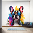 French Bulldog Wall Decal with Sunglasses displayed in a room setting.