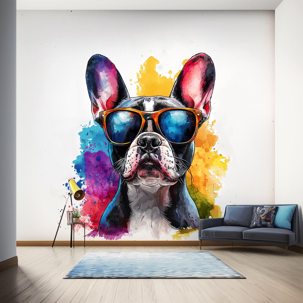 French Bulldog Wall Decal with Sunglasses displayed in a room setting.