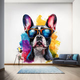 French Bulldog Wall Decal with Sunglasses displayed in a room setting.