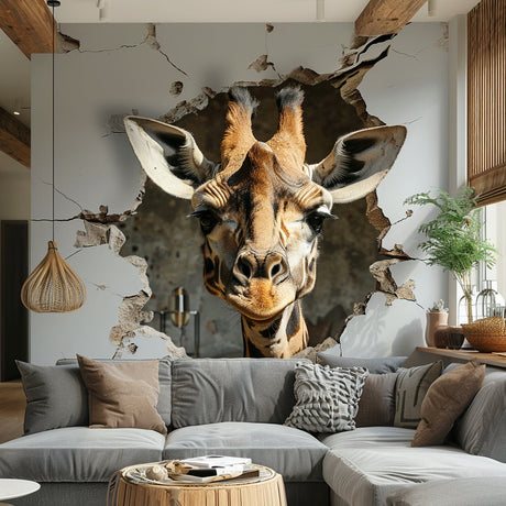 Giraffe head wall decal peeking through a broken wall, Safari Design 2