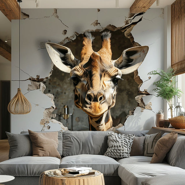 Giraffe head wall decal peeking through a broken wall, Safari Design 2