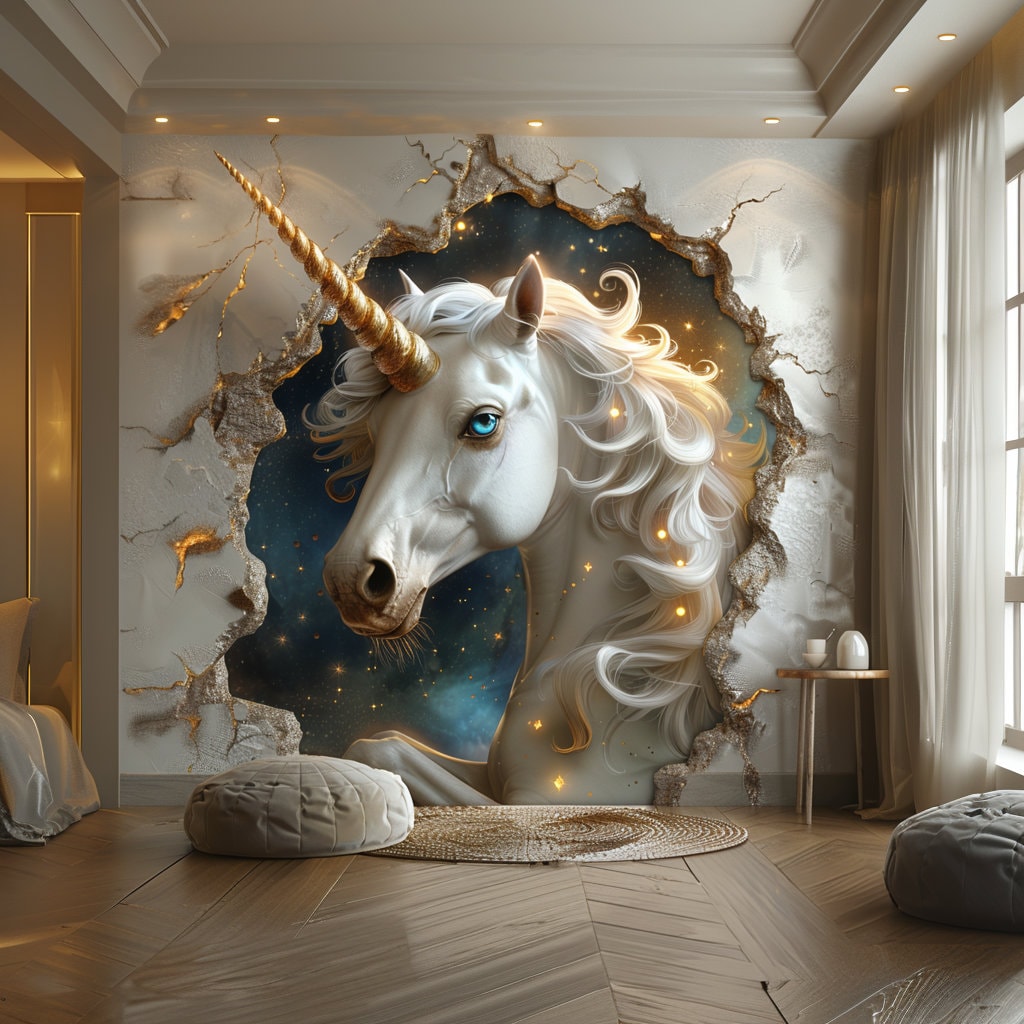 Fantasy unicorn wall decal with a cracked-wall breakthrough illusion, Design 1