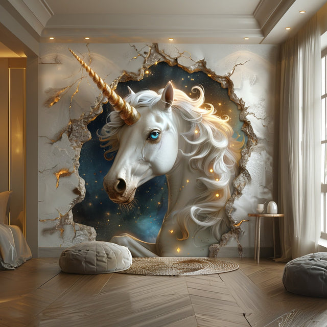 Fantasy unicorn wall decal with a cracked-wall breakthrough illusion, Design 1