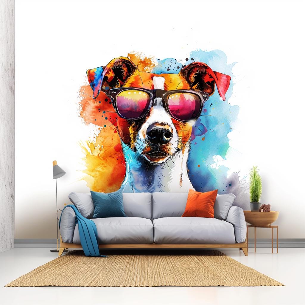 Product gallery view of Vibrant Jack Russell Terrier Wall Sticker with Sunglasses.