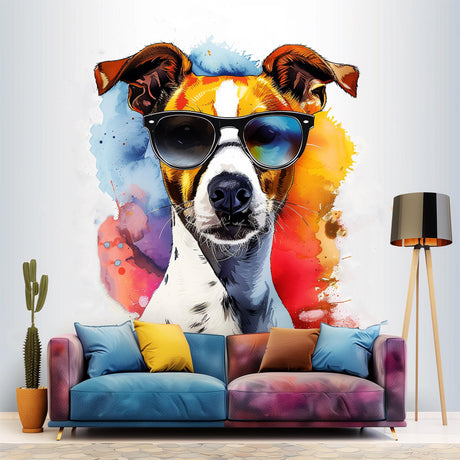 Colorful Jack Russell Terrier Wall Sticker with Sunglasses displayed in a room setting.