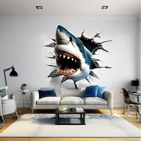 Great white shark wall decal with a breakthrough illusion, Design 3