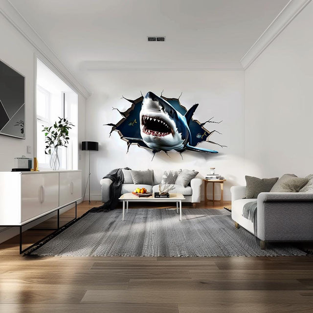 Great white shark wall decal with a cracked-wall illusion, Design 2