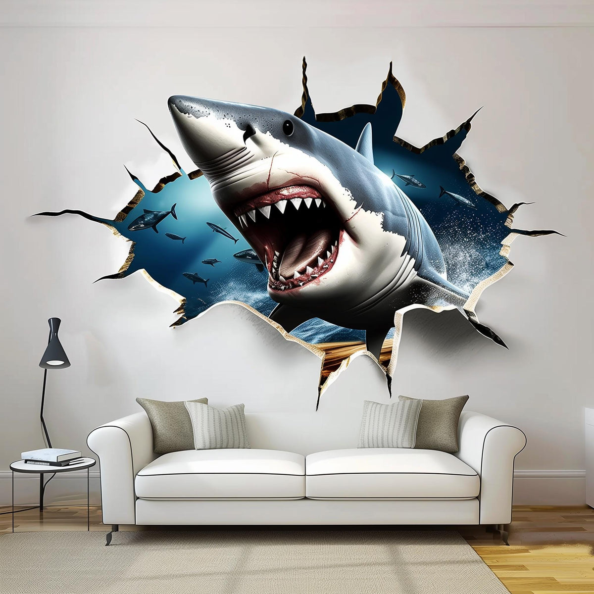 Product gallery view of 3D Crack White Shark Wall Sticker.