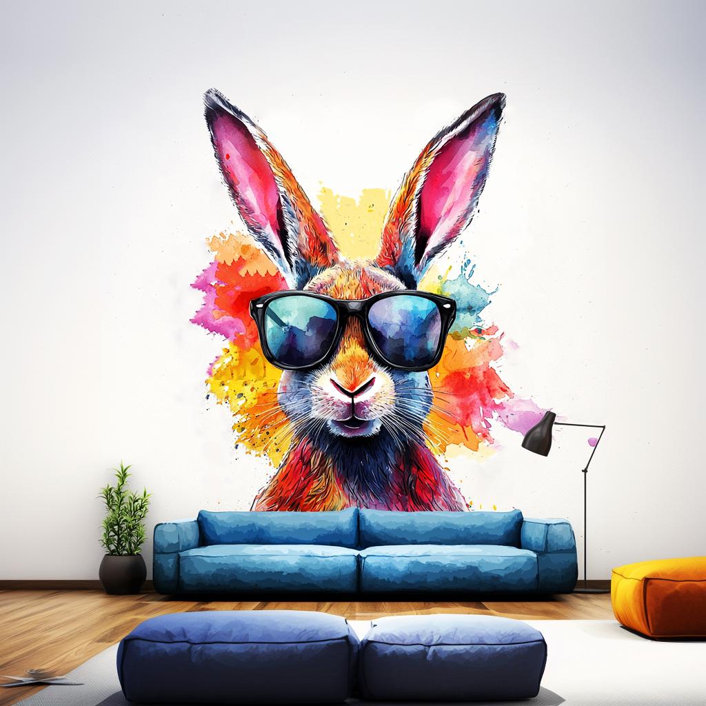 Colorful Rabbit with Sunglasses Wall Decal displayed in a room setting.