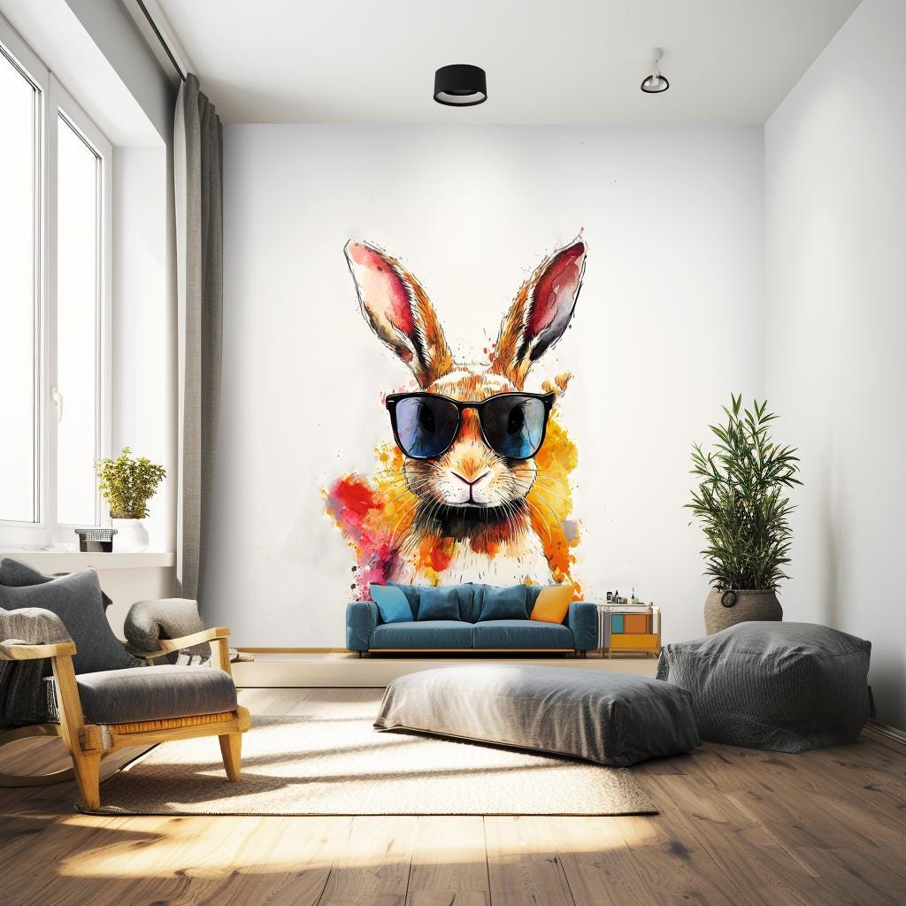 Colorful Rabbit with Sunglasses Wall Decal displayed in a room setting.