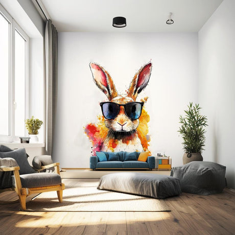 Colorful Rabbit with Sunglasses Wall Decal displayed in a room setting.