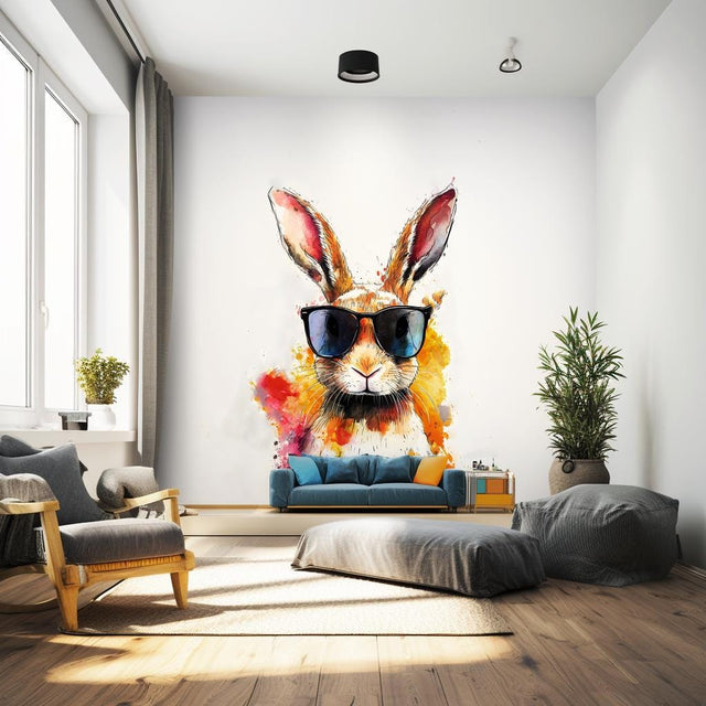 Colorful Rabbit with Sunglasses Wall Decal displayed in a room setting.