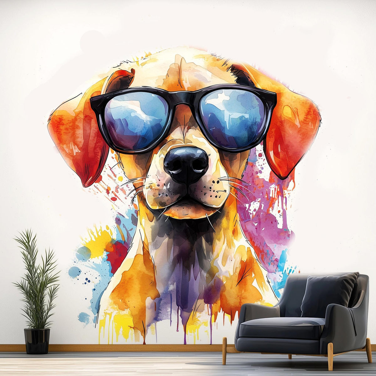 Colorful Labrador Puppy Wall Sticker displayed in a room setting.