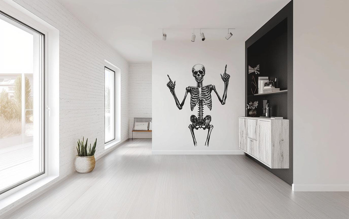 Anatomical skeleton figure vinyl decal displayed on a wall.