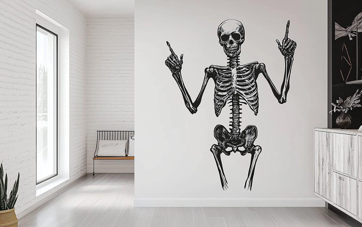 Anatomical skeleton figure wall decal displayed in a room setting.