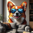 Happy Corgi with Sunglasses Wall Decal displayed in a room setting.