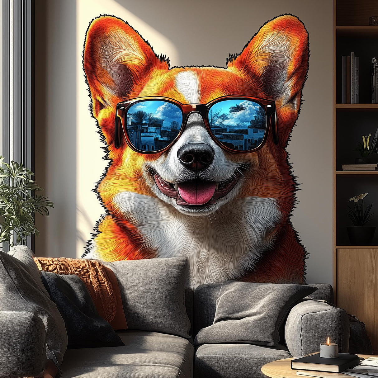 Happy Corgi with Sunglasses Wall Decal displayed in a room setting.