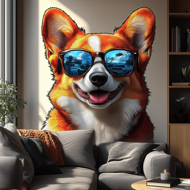 Happy Corgi with Sunglasses Wall Decal displayed in a room setting.