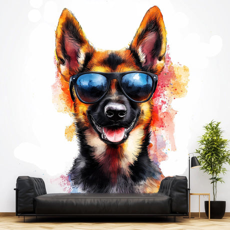 Playful German Shepherd Wall Sticker displayed in a room setting.
