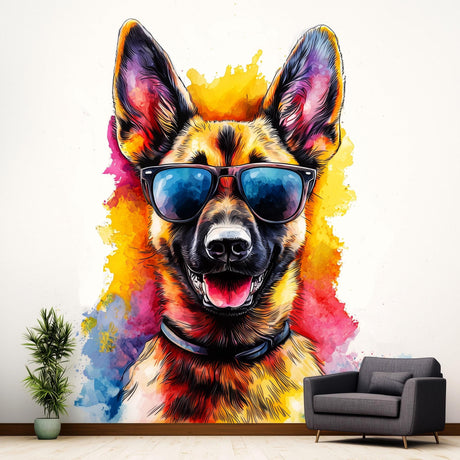Vibrant German Shepherd Wall Sticker displayed in a room setting.