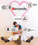 Couple sitting beside a globe wall decal product features graphic.