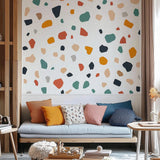 Colorful terrazzo wall stickers with abstract boho shapes and dots.