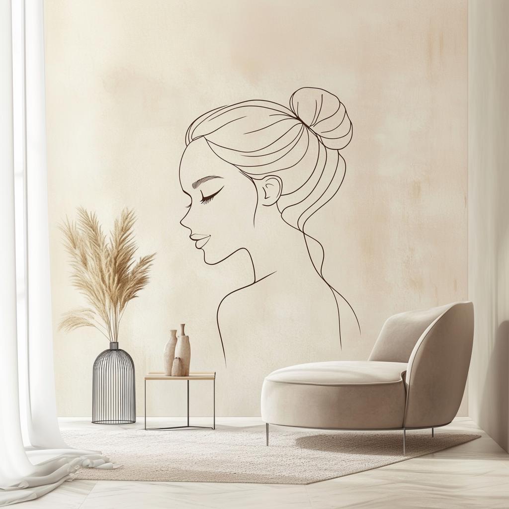 Minimalist line art wall decal of a woman's face in serene pose.