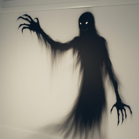 Eerie spooky shadow wall sticker depicting a ghostly figure with glowing eyes and claws.