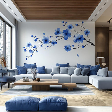 Blue Flower Branch Wall Decal displayed in a room setting.